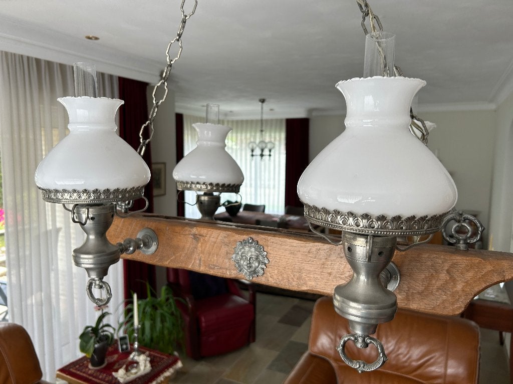 Tinnen Hanglamp. Luchter z.g.a.n.handgemaakt .4 lampen 0408, Huis en Inrichting, Ophalen, Zo goed als nieuw, Glas, Klassiek -Modern