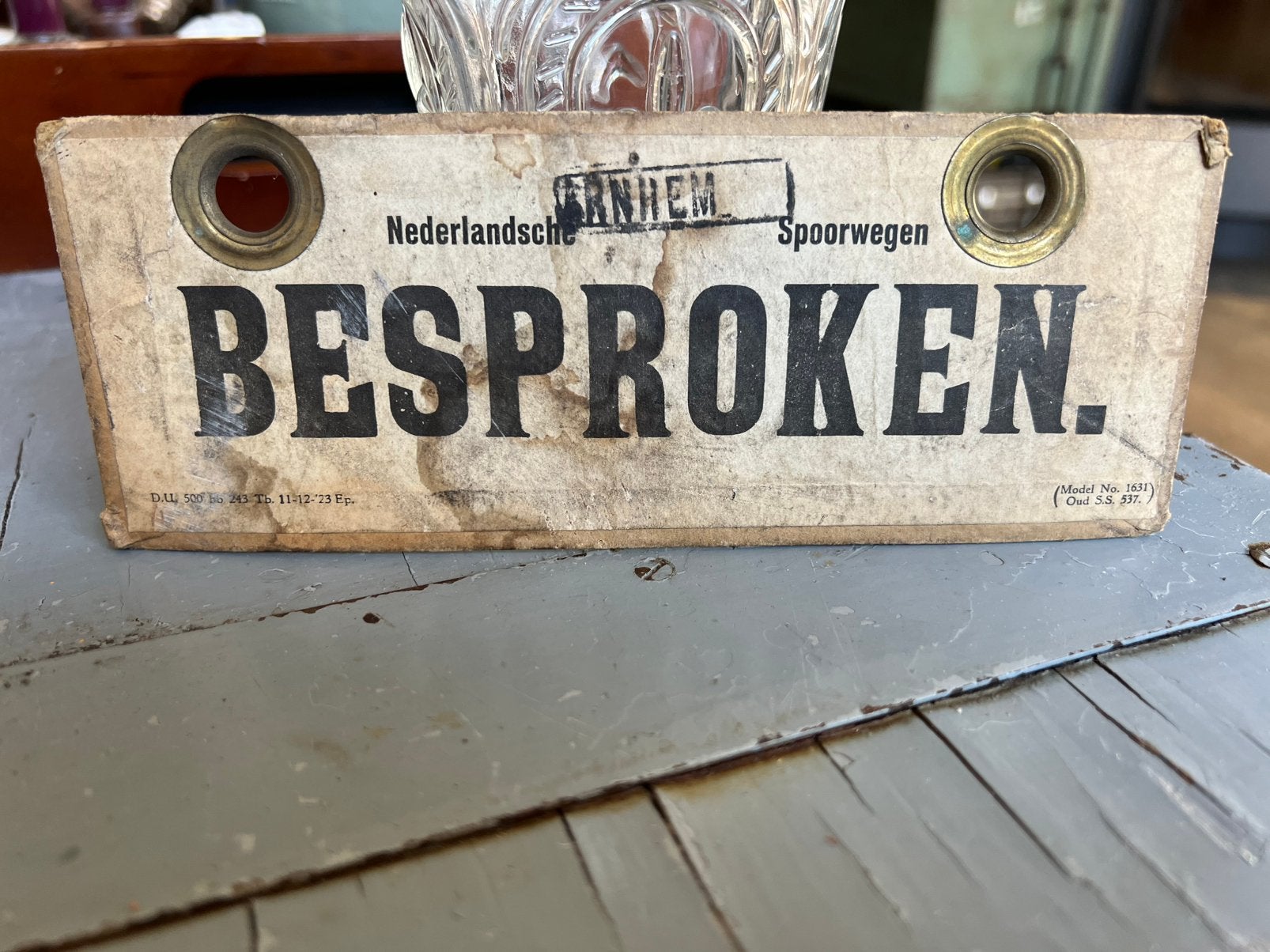 ANTIEK TREINBORDJE NEDERLANDSCHE SPOORWEGEN 1923, Ophalen of Verzenden, Gebruikt, Trein, Overige typen