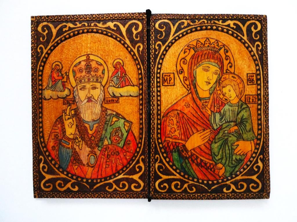 Byzantijns 2 luik Icoon St. Nicolaas Maria Jezus Pyrografie, Antiek en Kunst, Antiek | Religie, Ophalen of Verzenden