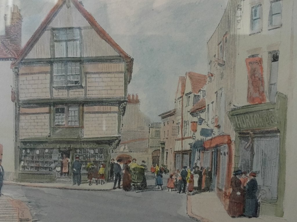 Mooie oude ingelijste prent uit Engeland van Borough corner., Ophalen of Verzenden