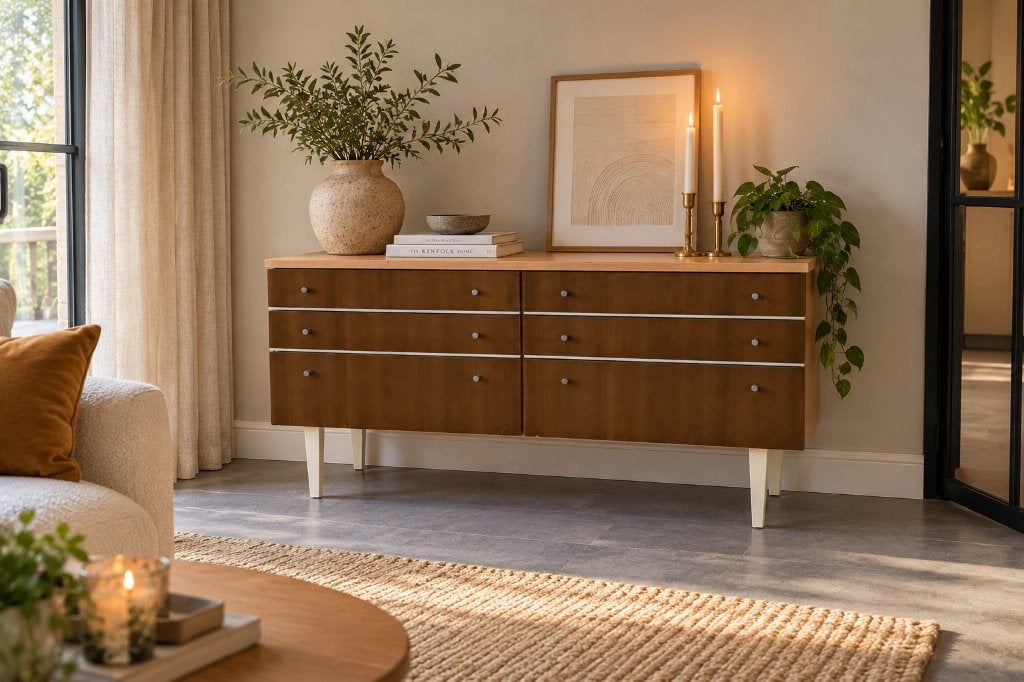 Vintage jaren 60 dressoir of kaptafel MidCentury spiegel, Ophalen, 150 tot 200 cm, Zo goed als nieuw, Eikenhout