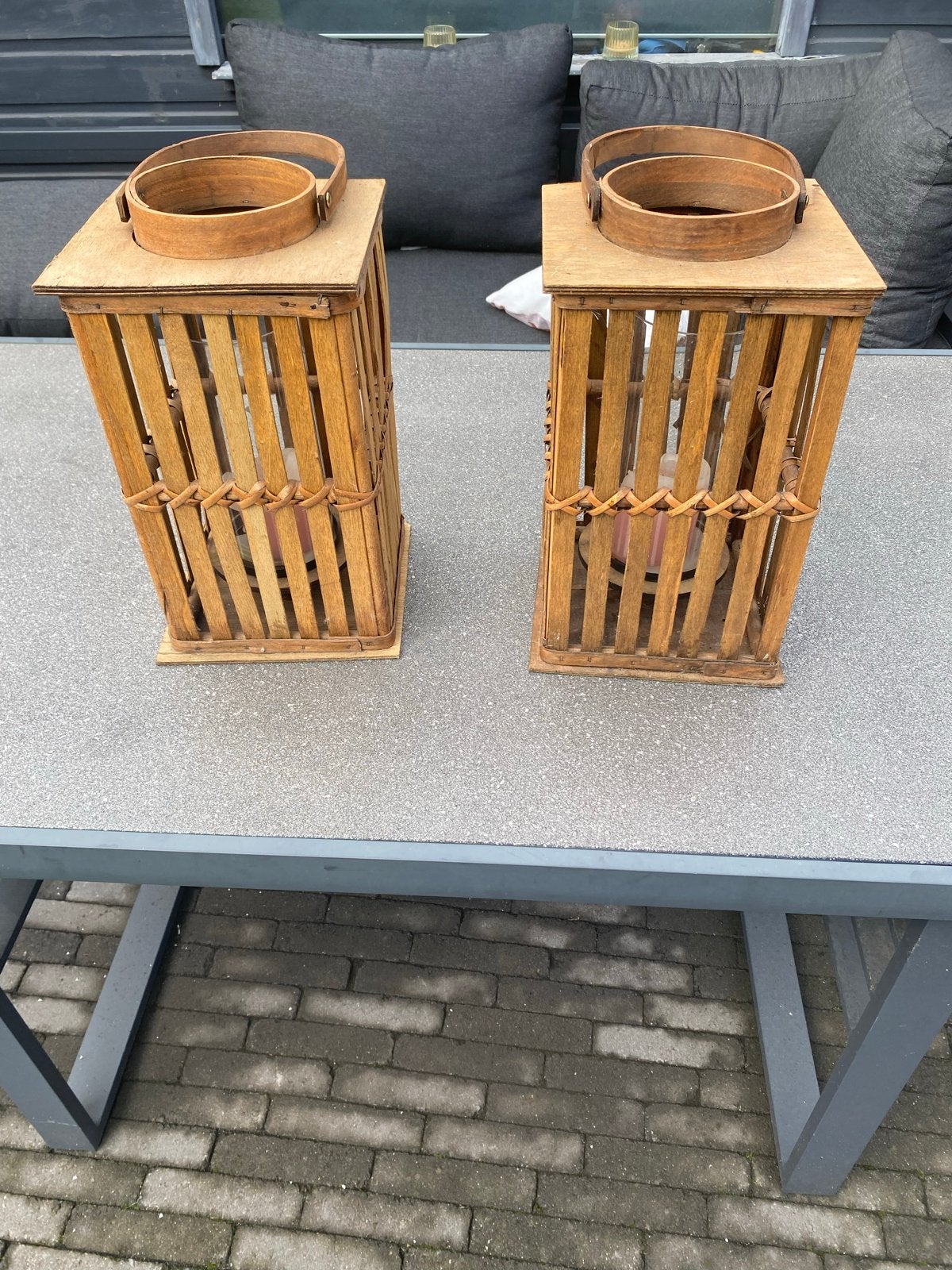 Set van 2 Landelijke Houten Kaars Lantaarns, Huis en Inrichting, Woonaccessoires | Kandelaars en Kaarsen, Ophalen, Gebruikt, Hout