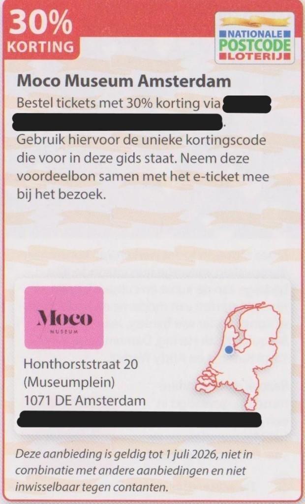 Moco Museum. Amsterdam. 30% korting. Postcodeloterij bon., Tickets en Kaartjes, Musea, Drie personen of meer, Kortingskaart