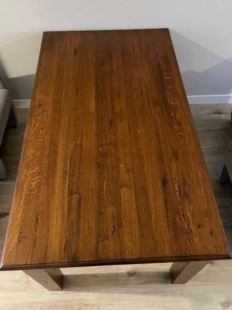 Eiken eettafel (0,90x1,4m) met 4 verrijdbare stoelen, Ophalen, Gebruikt, 100 tot 150 cm, 50 tot 100 cm