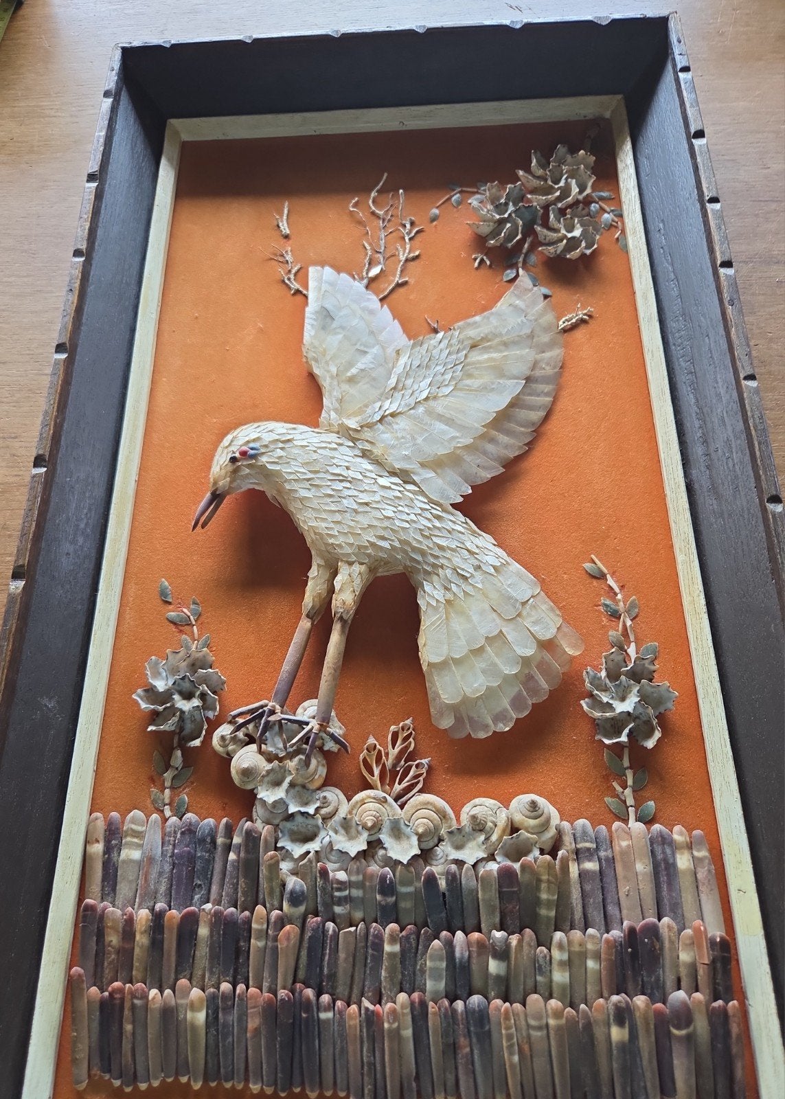 vintage schelpenschilderij shell art vogel, Antiek en Kunst, Overige herkomsten, Ophalen