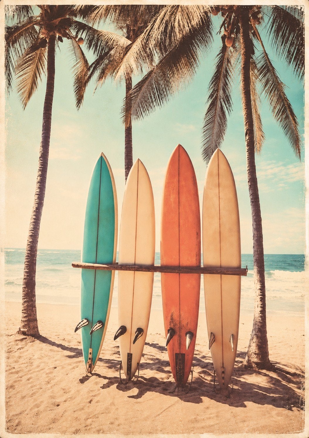 Vintage Surfplank Poster - Strand en Palmbomen, Ophalen of Verzenden
