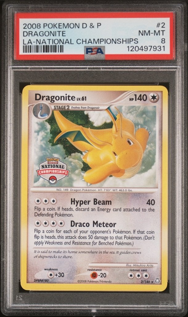 POKEMON DRAGONITE LV61 D&P LA Championships  Promo PSA 8, Ophalen of Verzenden, Zo goed als nieuw, Losse kaart