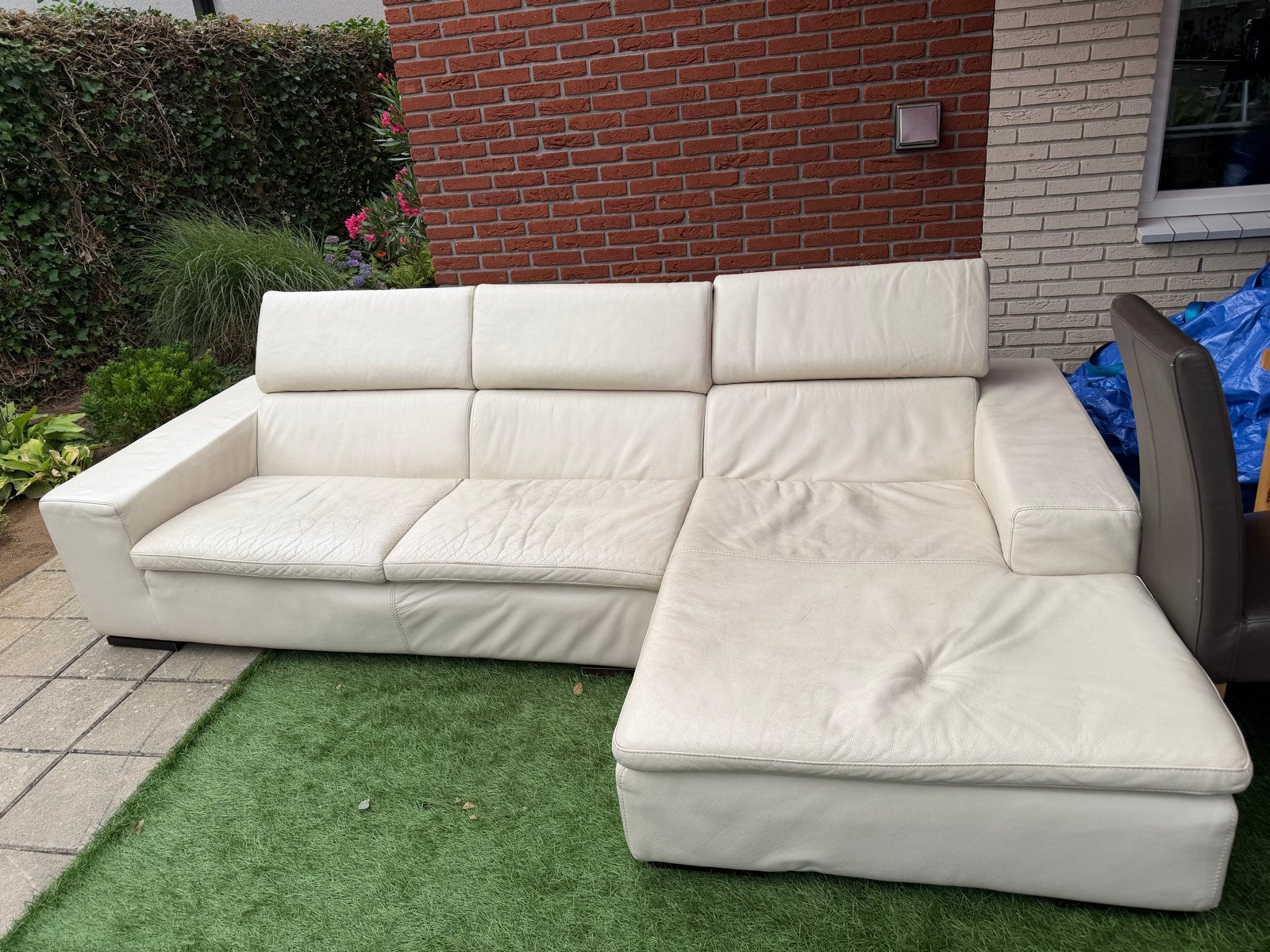 Grote Leren Hoekbank - Crème Wit, Huis en Inrichting, Banken | Bankstellen, Ophalen, 250 tot 300 cm, Gebruikt, 100 tot 125 cm