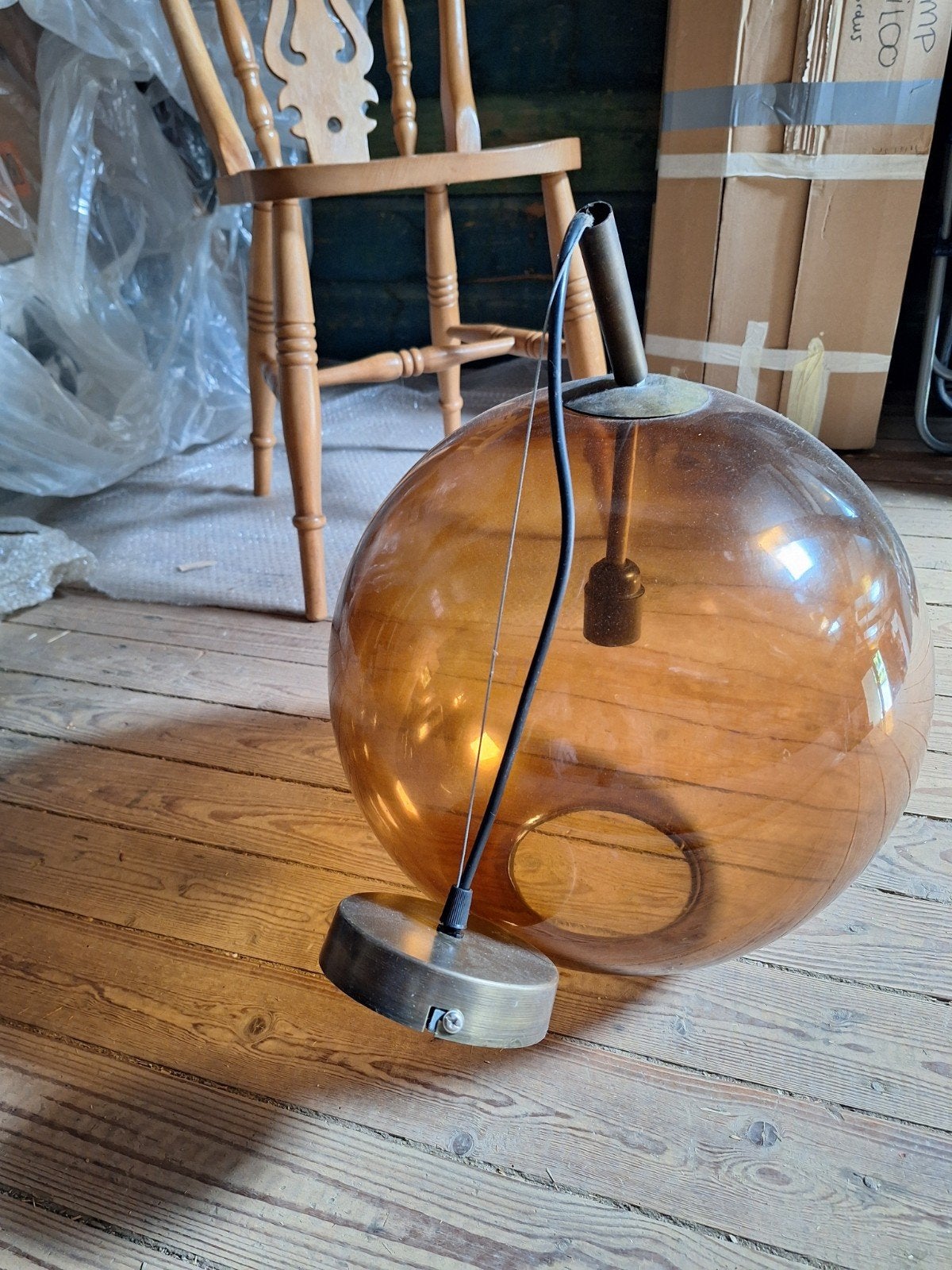 Vintage Bolvormige Hanglamp - Amber Glas, Huis en Inrichting, Lampen | Hanglampen, Gebruikt, Vintage, Retro, Mid-century modern