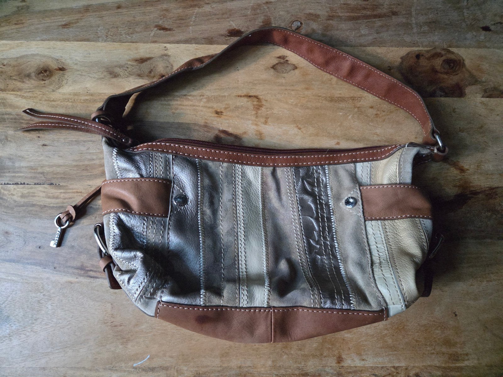 Fossil schoudertas - Patchwork Design, Verzenden, Gebruikt, Bruin, Schoudertasje