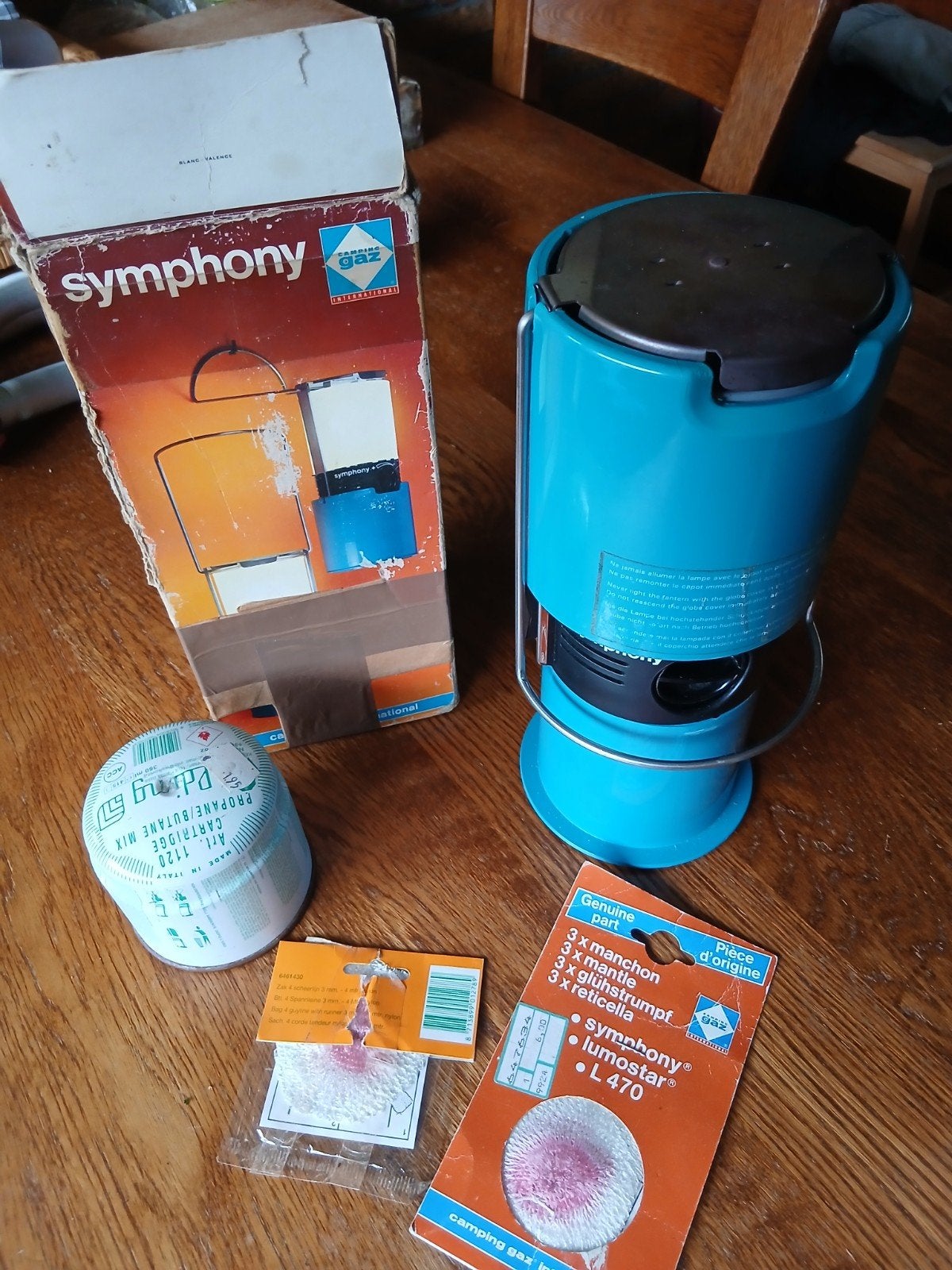 Campingaz Symphony gaslamp met toebehoren, Ophalen of Verzenden, Gebruikt
