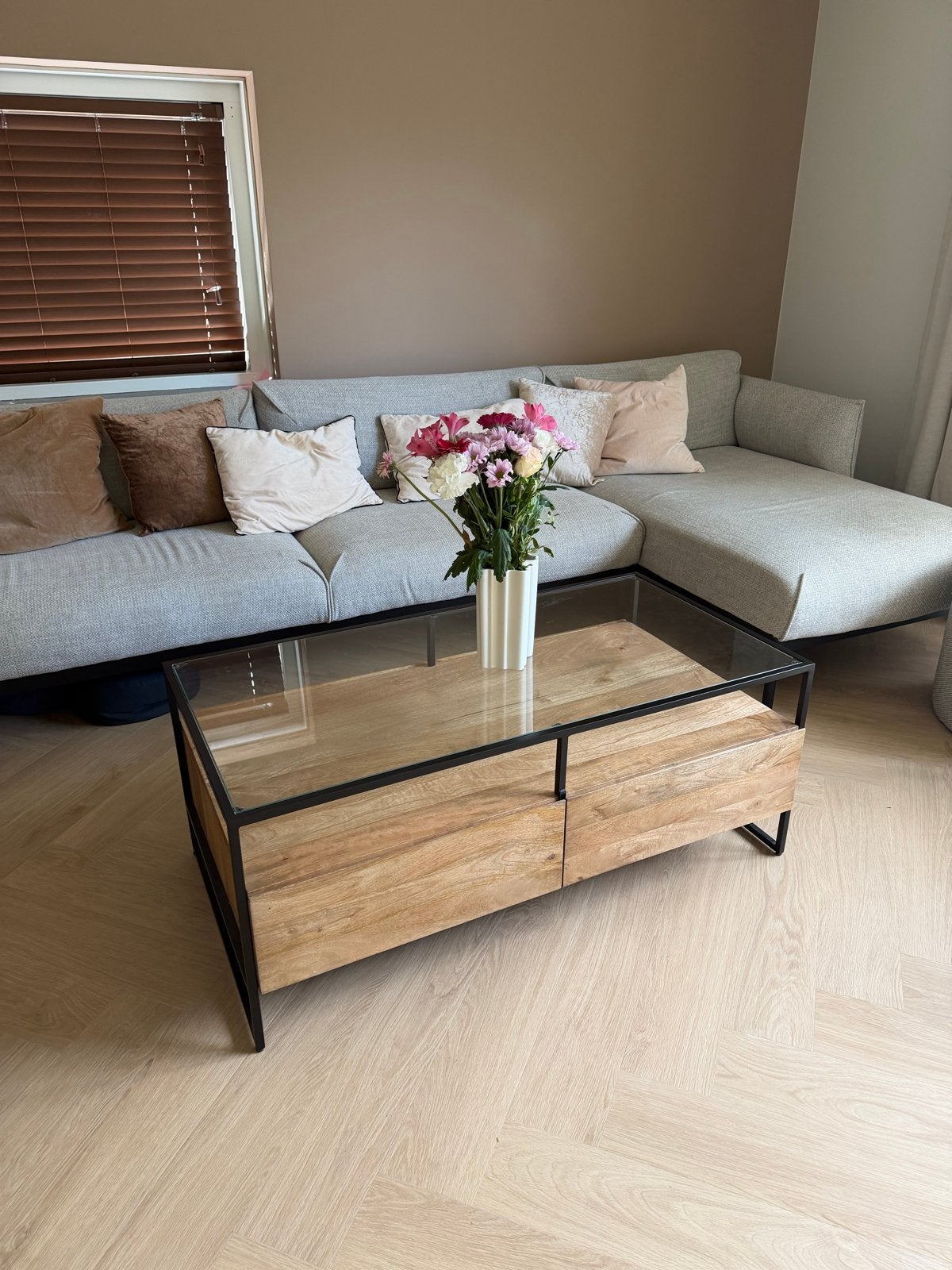 Houten salontafel met glas, Ophalen, Gebruikt, 50 tot 100 cm, 100 tot 150 cm