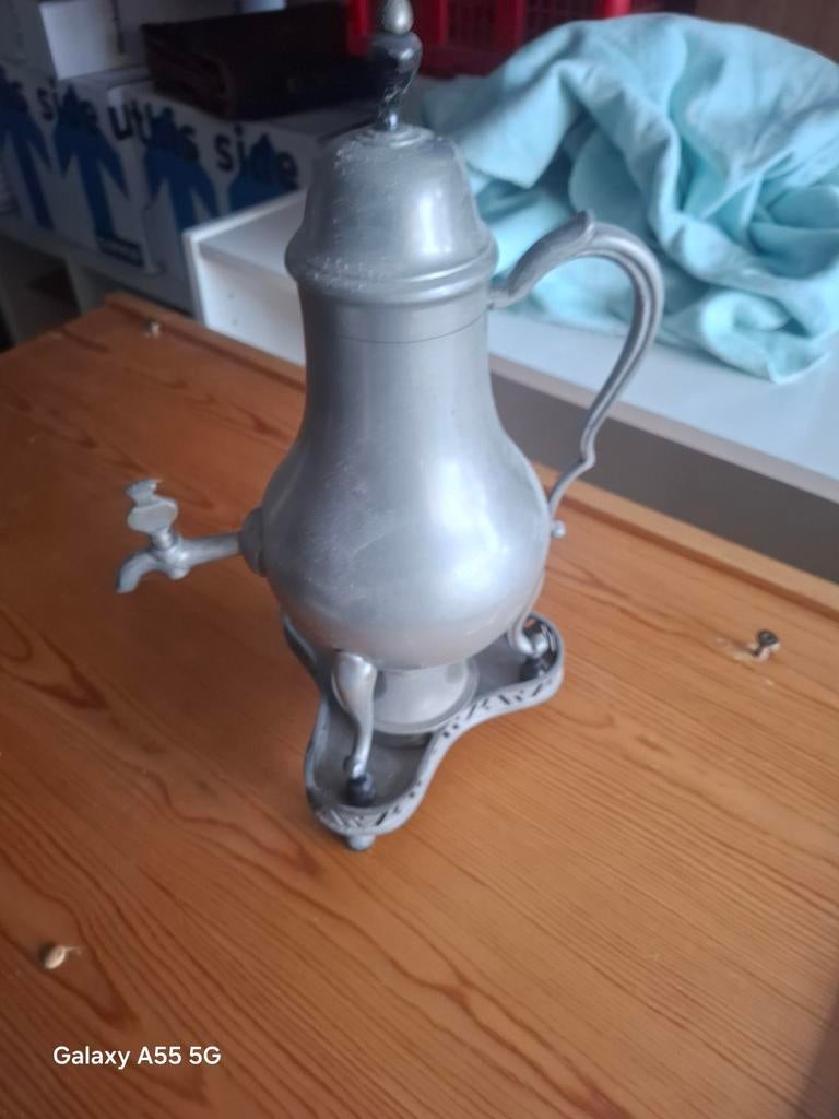 Antieke tinnen theeketel met kraan en standaard, Ophalen of Verzenden