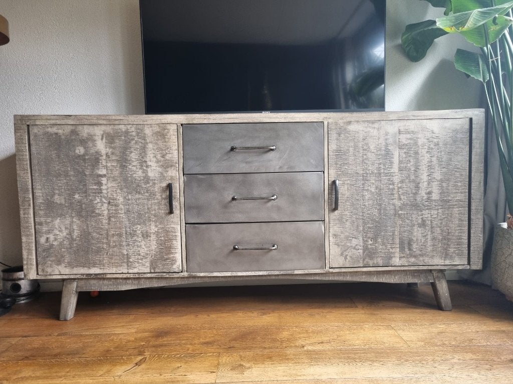 Industrieel Dressoir MASSIEF Mangohout - Grijs/Greige, Huis en Inrichting, Kasten | Dressoirs, Ophalen, Gebruikt, Overige materialen