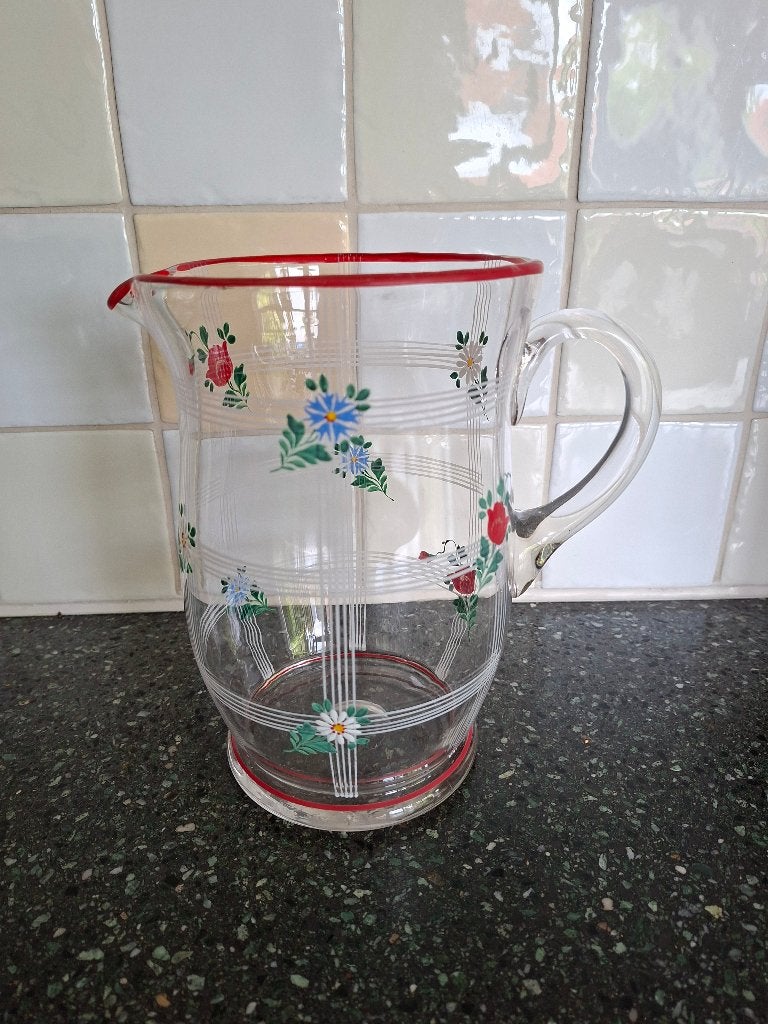 Glazen water- of sapkan met handbeschilderd bloemendecor, Kan, Ophalen of Verzenden, Overige stijlen, Glas