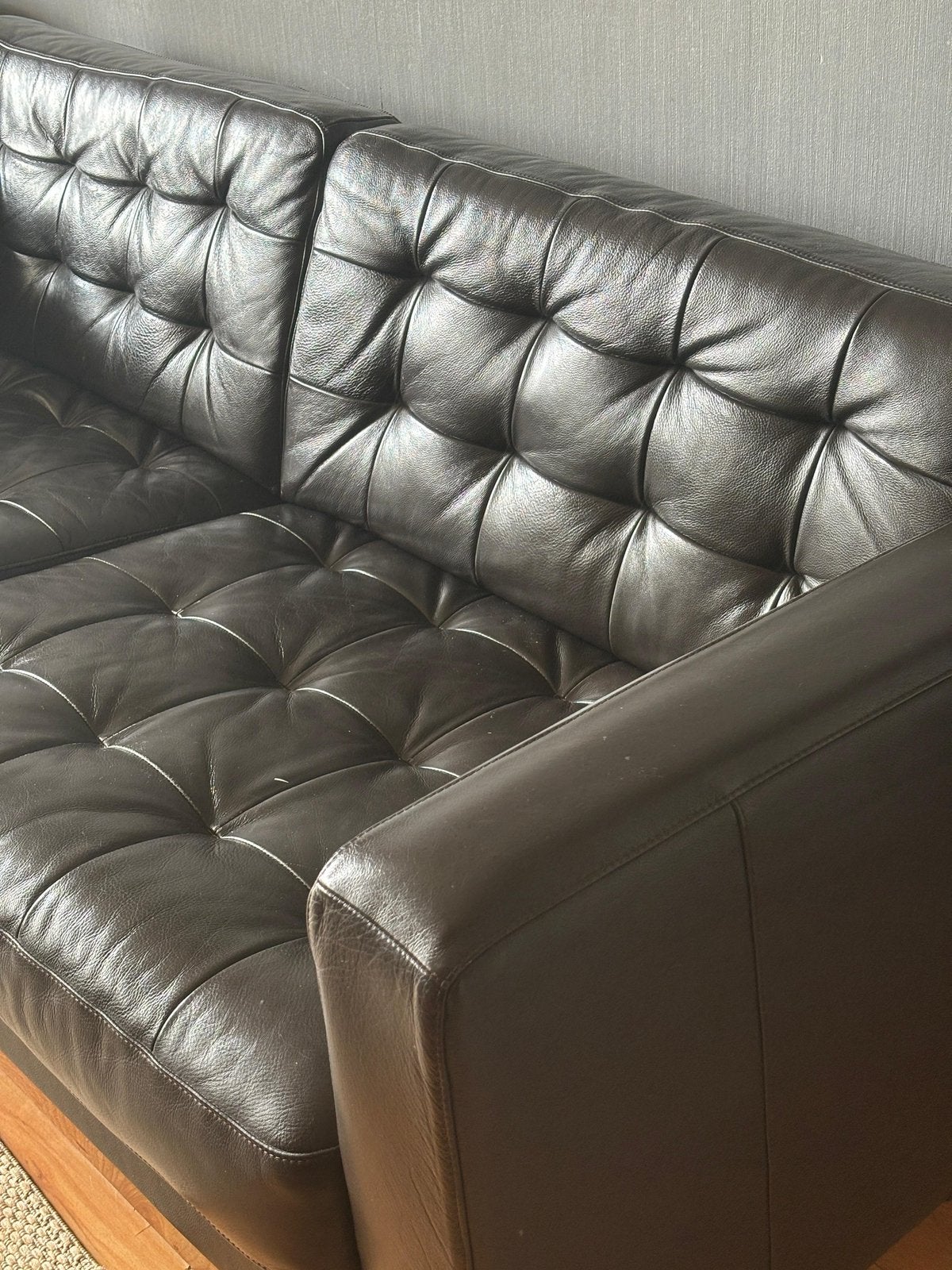 Zwart echt leren bankstel 3-delig Retro /Vintage uitstraling, Ophalen, 250 tot 300 cm, Gebruikt, Minder dan 75 cm