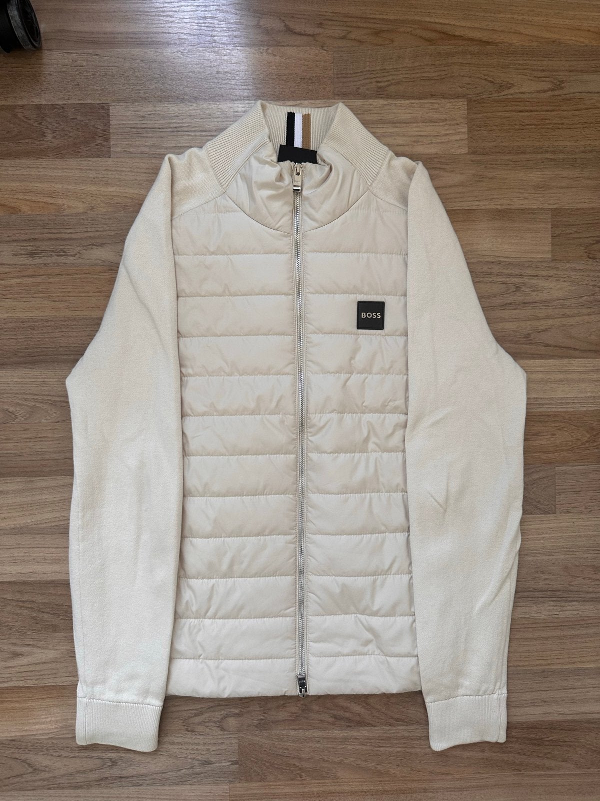 Hugo Boss Hybrid Cardigan Jasje met Leren Patch Logo, Kleding | Heren, Ophalen, Gedragen, Maat 48/50 (M), Beige