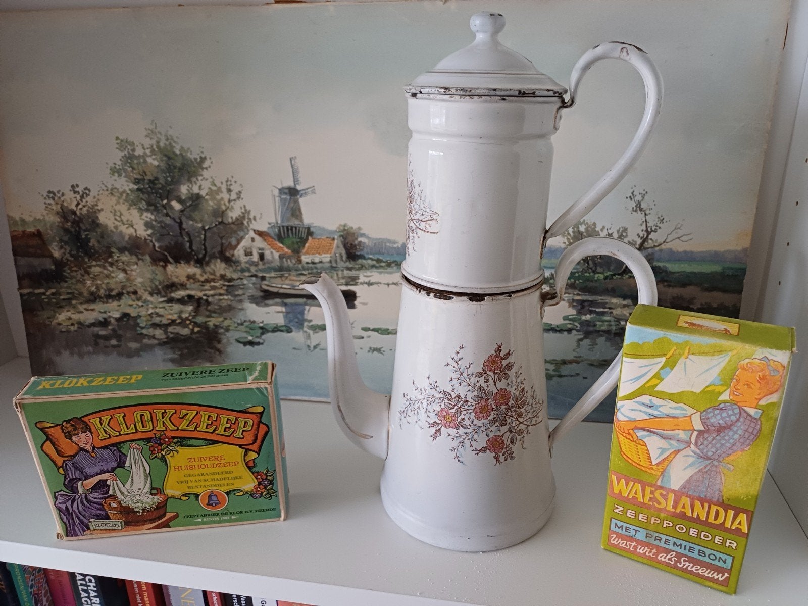 Antieke emaille koffiekan met bloemmotief, Ophalen of Verzenden