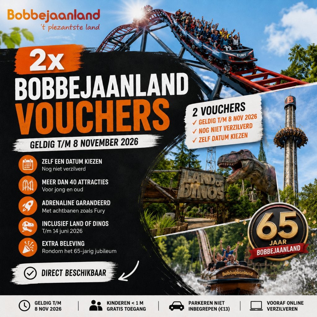 2x Bobbejaanland vouchers | Geldig t/m 08-11-2026, Twee personen, Arrangement, Ticket of Toegangskaart