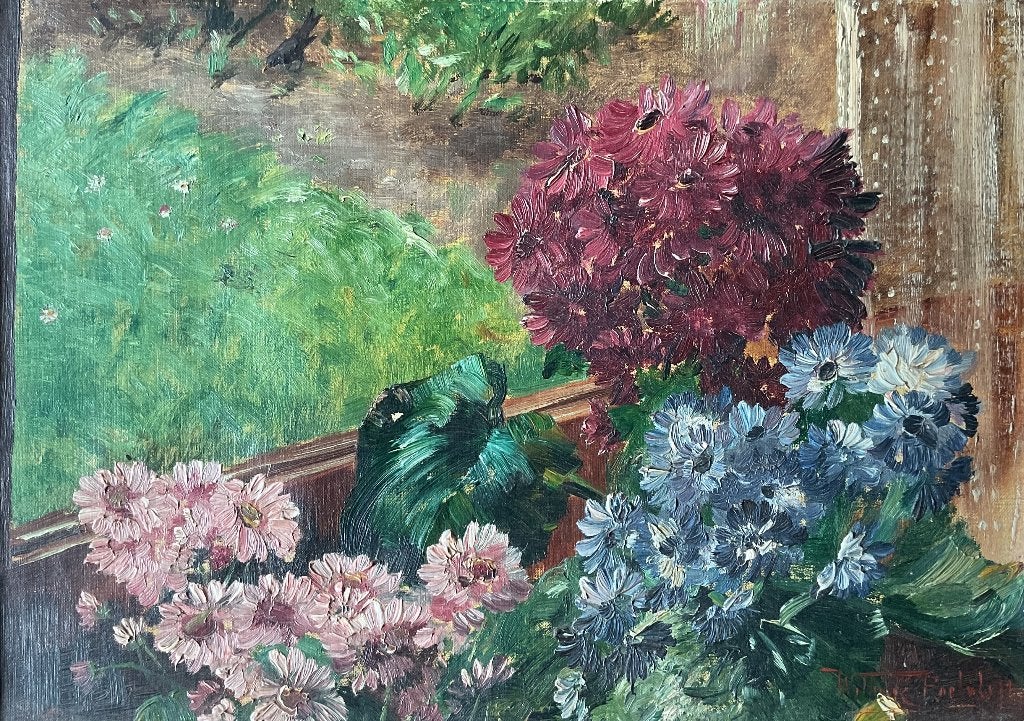 Willem Elisa Roelofs (1874-1940) - Bloemen op de veranda, Bloemen, Paneel, Ophalen of Verzenden, Olieverf