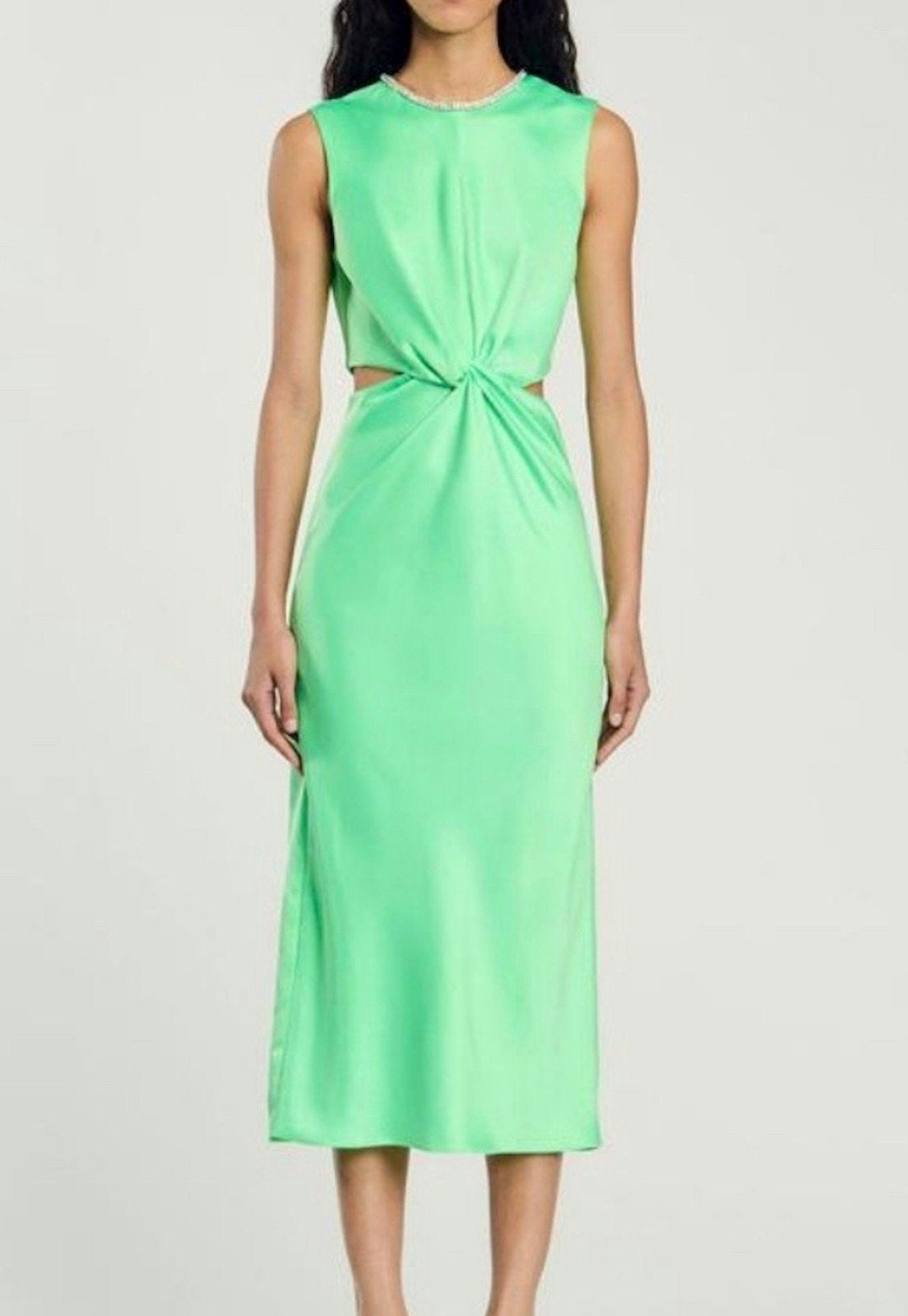 Sandro Paris Neon Groene Jurk met Cut-outs en Strass, Sandro Paris, Ophalen of Verzenden, Zo goed als nieuw, Maat 36 (S)