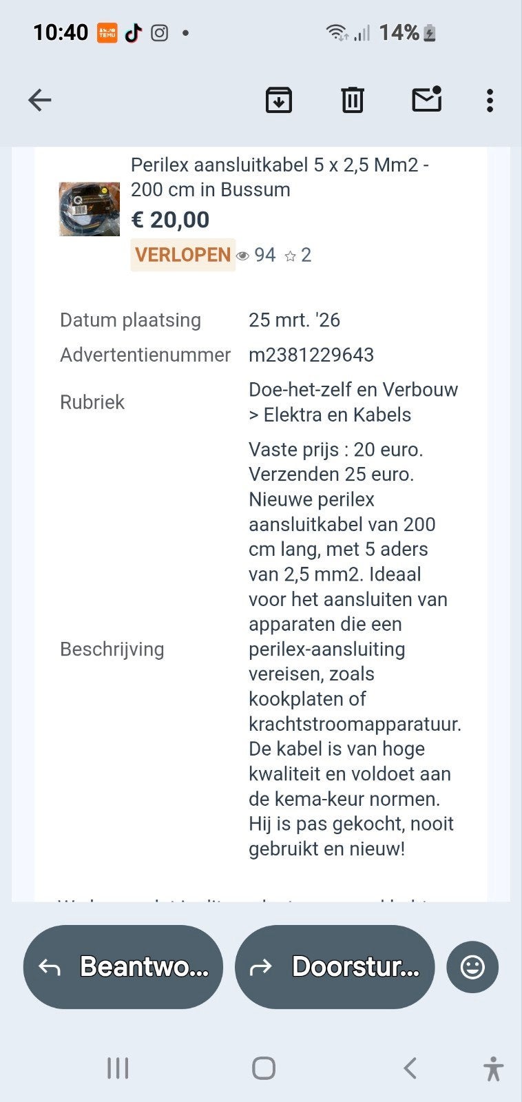 Te koop! Perilex  aansluitkabel, Ophalen, Zo goed als nieuw, Kabel of Snoer