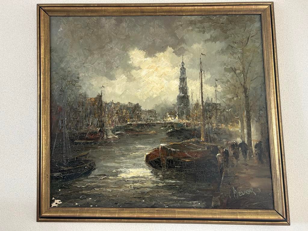 Schilderij montelbaanstoren 115x105, gesigneerd J. Bevort, Antiek en Kunst, Kunst | Schilderijen | Klassiek, Ophalen
