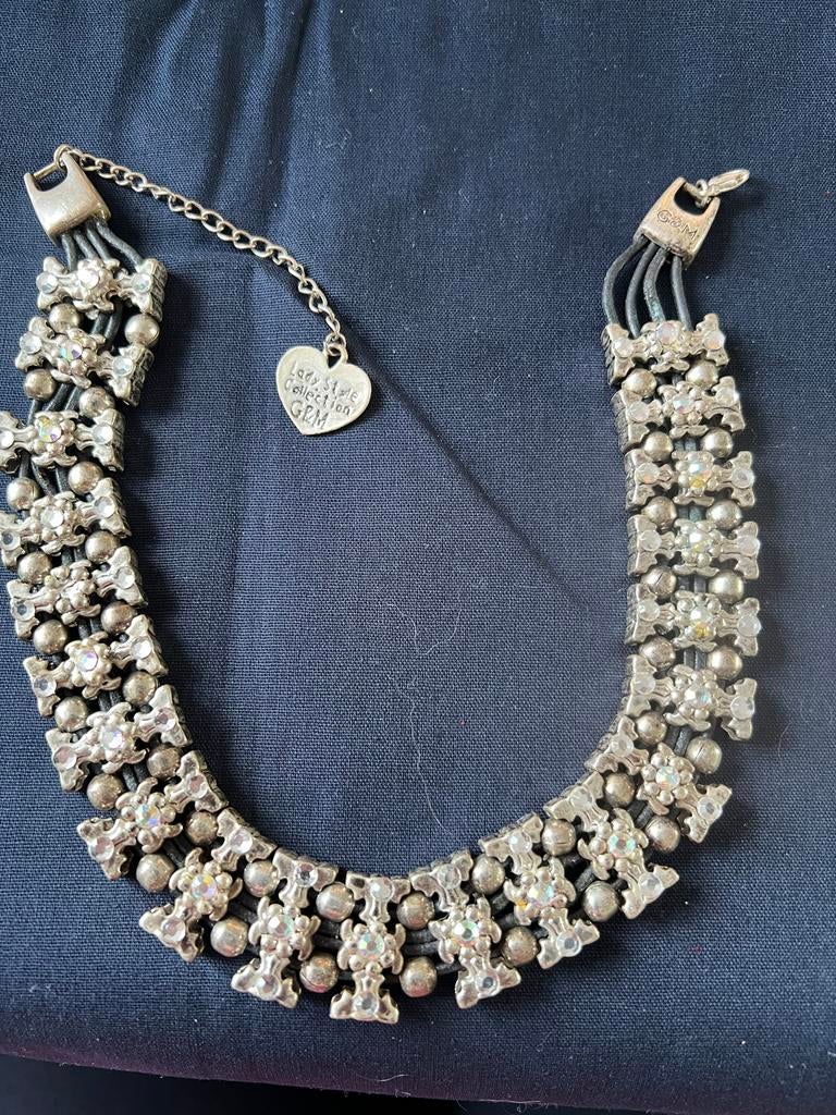 Zware Vintage Ketting met Strass en Zilverkleurige Details, Overige materialen, Gebruikt, Ophalen of Verzenden, Zilver
