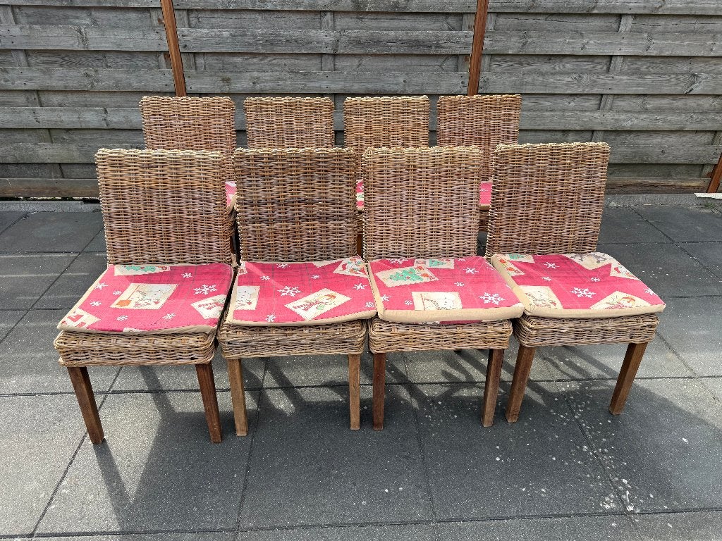 8 rotan eetkamer stoelen, Ophalen, Gebruikt, Bruin, Hout