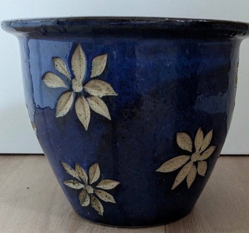 Blauwe geglazuurde bloempot plantenbak met bloemen, Ophalen, Rond, Zo goed als nieuw, Balkon
