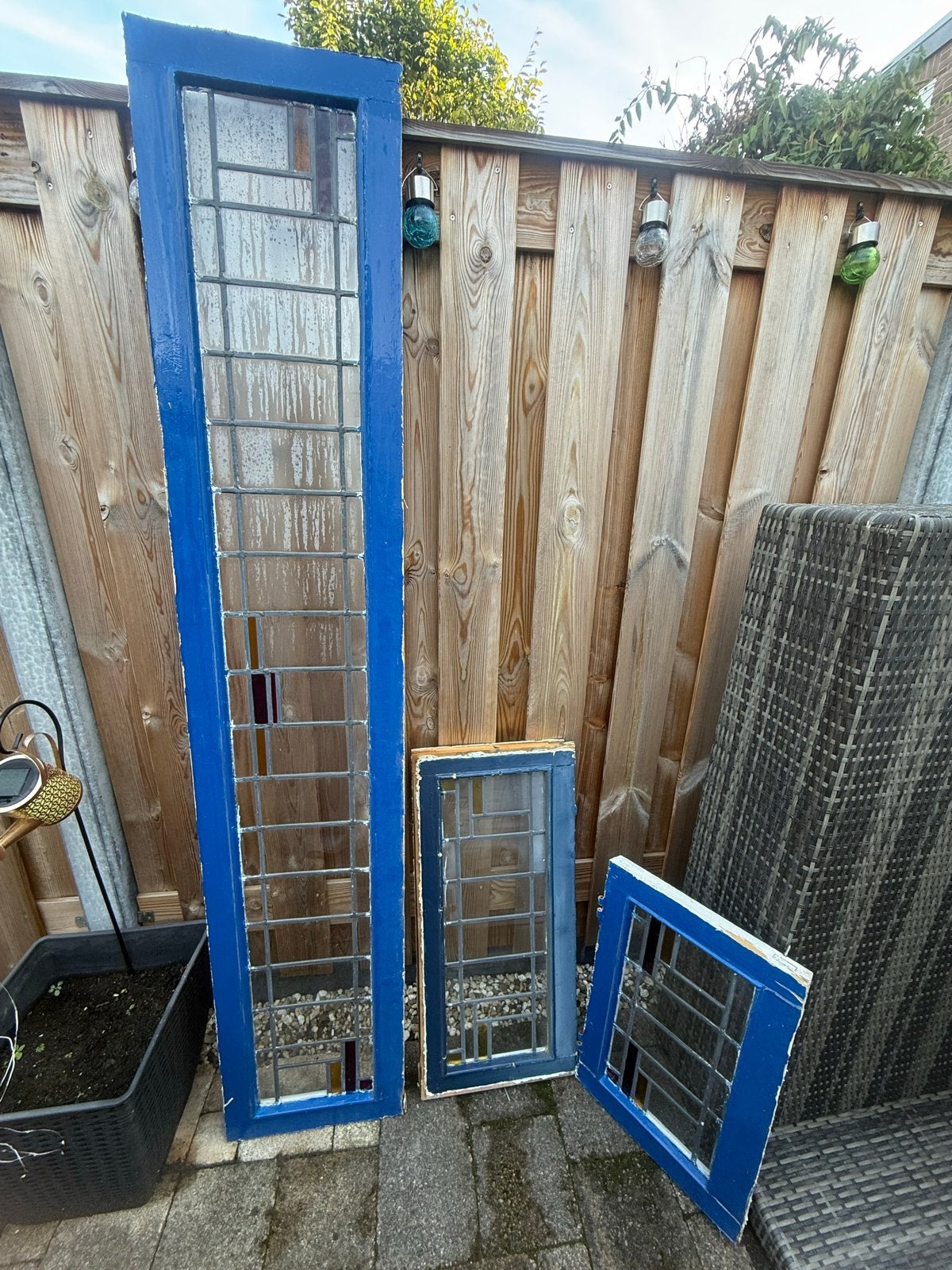 Glas in lood ramen, diverse maten, blauw geverfd, Ophalen, Gevelraam of Ruit, Gebruikt, Minder dan 80 cm