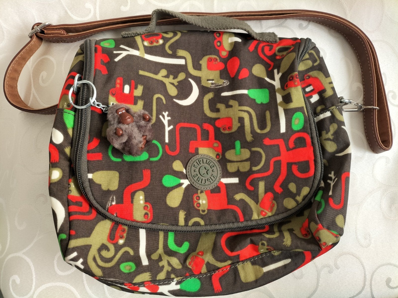 Kipling New Kichirou lunch/gym tas met apenprint en aapje, Ritssluiting, Kipling, Meerkleurig, Tas