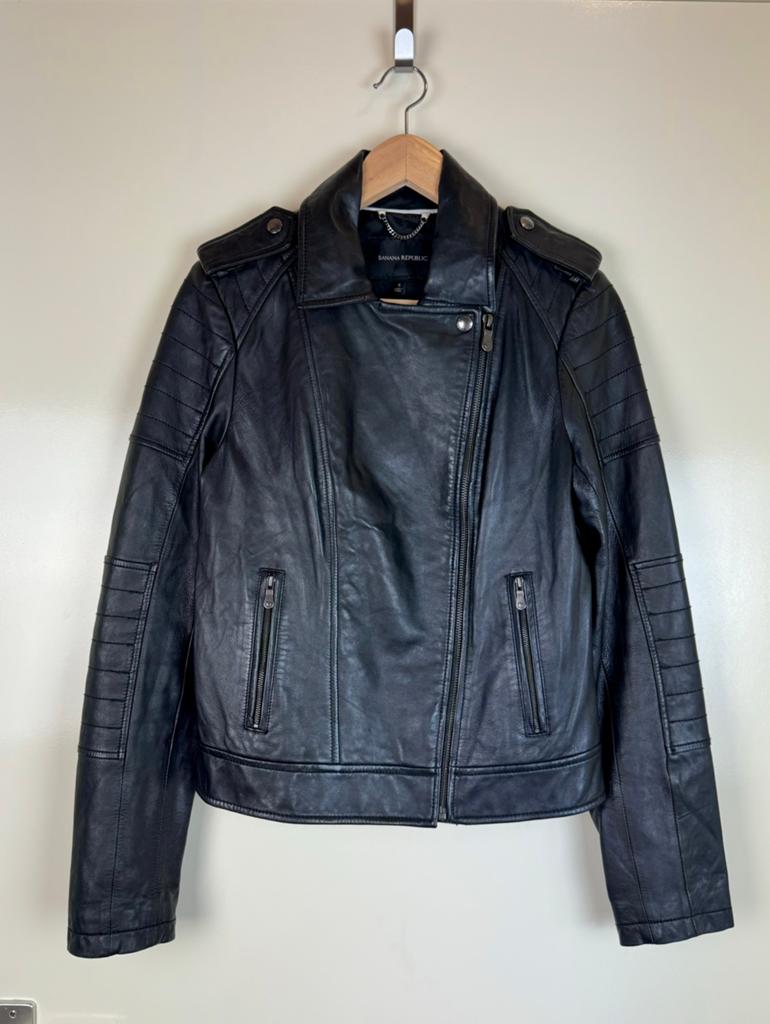 Banana Republic Leather Biker Moto Jacket Black Leren Jas S, Ophalen of Verzenden, Zo goed als nieuw, Zwart