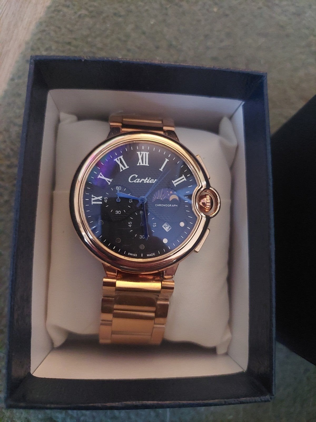 Cartier Ballon Bleu Chronograph goudkleurig, nieuw in doos, Overige merken, Staal, Staal, Polshorloge