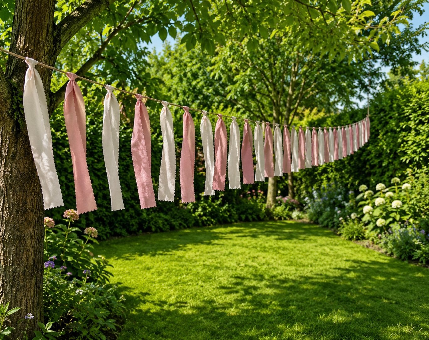 6 meter stoffen slinger oudroze met beige | nieuwstaat, Ophalen of Verzenden, Nieuw, Versiering, Verjaardag