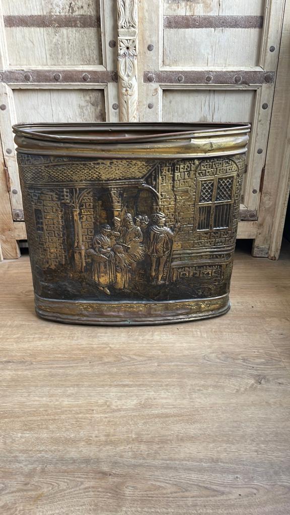 Antieke koperen paraplubak met reliëf decoratie, Ophalen of Verzenden, Koper