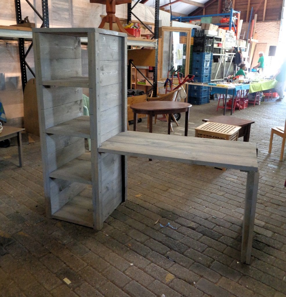 Steigerhouten bureau en daarnaast 4 vakkenkast - Grey Wash -, Demontabel, Gebruikt, 175 cm, Hout