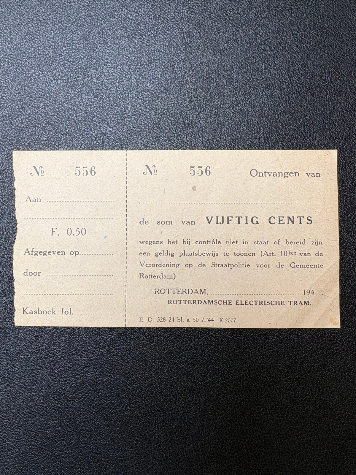 Bewijs geen geldig plaatsbewijs RET Rotterdam (1944), Verzamelen, Spoorwegen en Tramwegen, Ophalen of Verzenden, Zo goed als nieuw