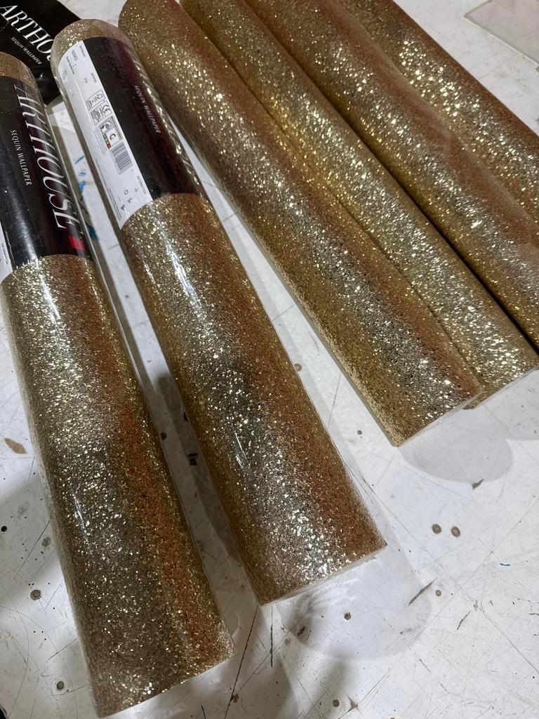 Goud Glitter Behang - 2 Volle Rollen + 4 Restrollen, Huis en Inrichting, Ophalen of Verzenden, 10 tot 25 m², Geel