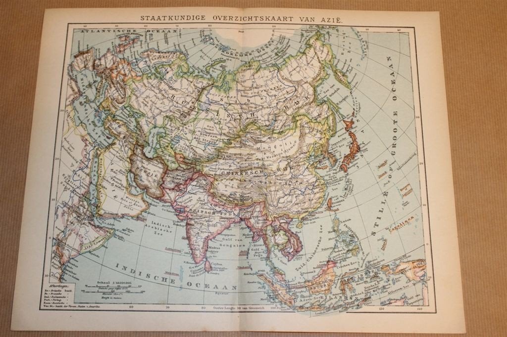 Antieke kaart - Azië Staatkundig - Circa 1900, Boeken, Atlassen en Landkaarten, Ophalen of Verzenden, 1800 tot 2000, Nederland