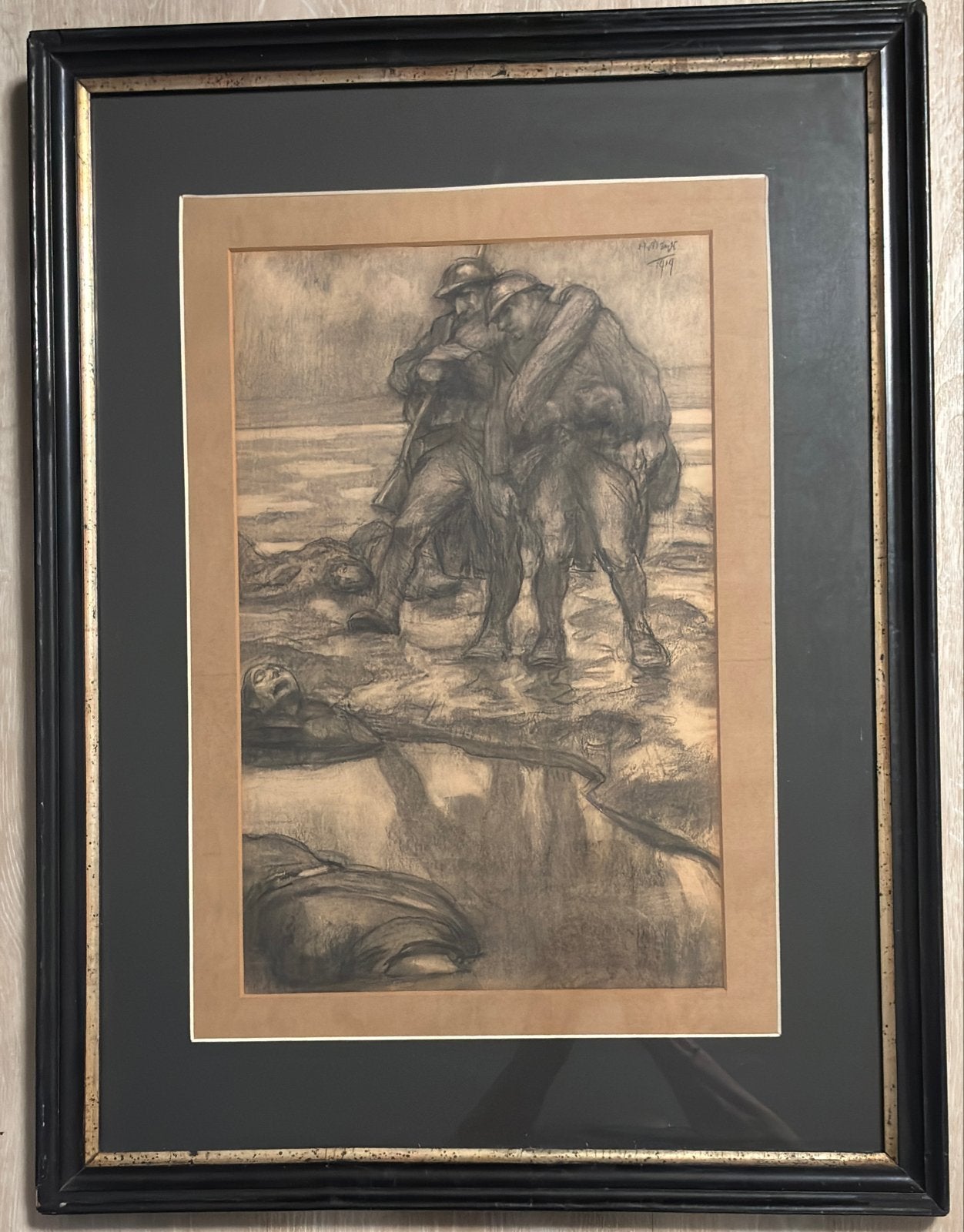 WO1 Tekening Henk Meijer 1919 - 'Le feu' Barbusse, Ophalen of Verzenden, Tekening, Potloodtekening, Gesigneerd
