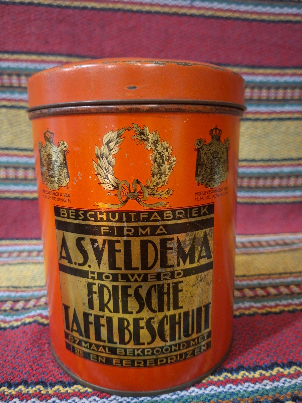 Antiek Friesche Tafelbeschuit blik A.S. Veldema Holwerd 1932, Verzamelen, Ophalen of Verzenden, Gebruikt, Overige