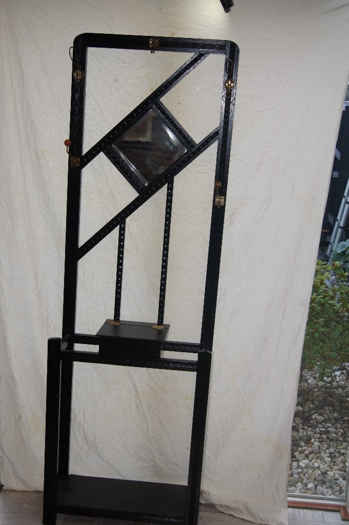 Antieke Art Deco kapstok met spiegel - Zwart hout, Gebruikt, Ophalen of Verzenden, Staande kapstok, 150 tot 200 cm