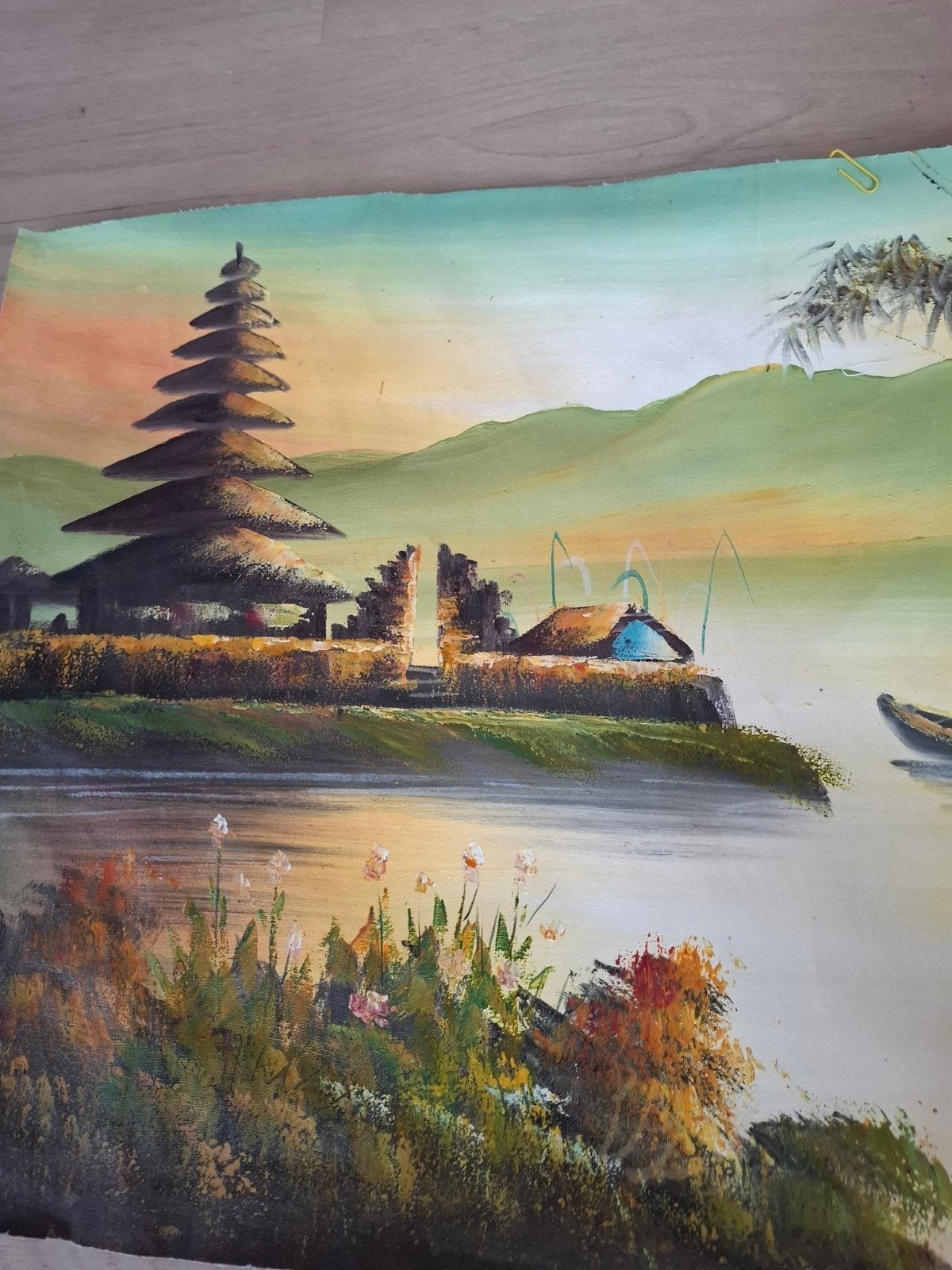 Aziatisch schilderij op linnen - Tempel aan het water, Overige stijlen, Doek, Ophalen of Verzenden, Olieverf