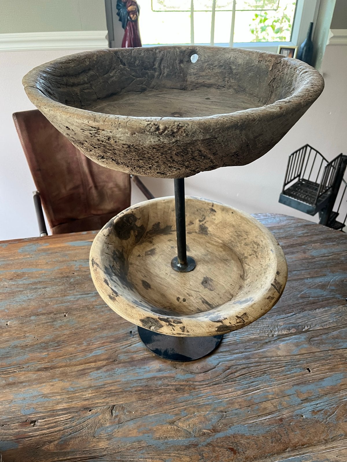 Grote houten etagère met 2 schalen, Antiek en Kunst, Ophalen of Verzenden