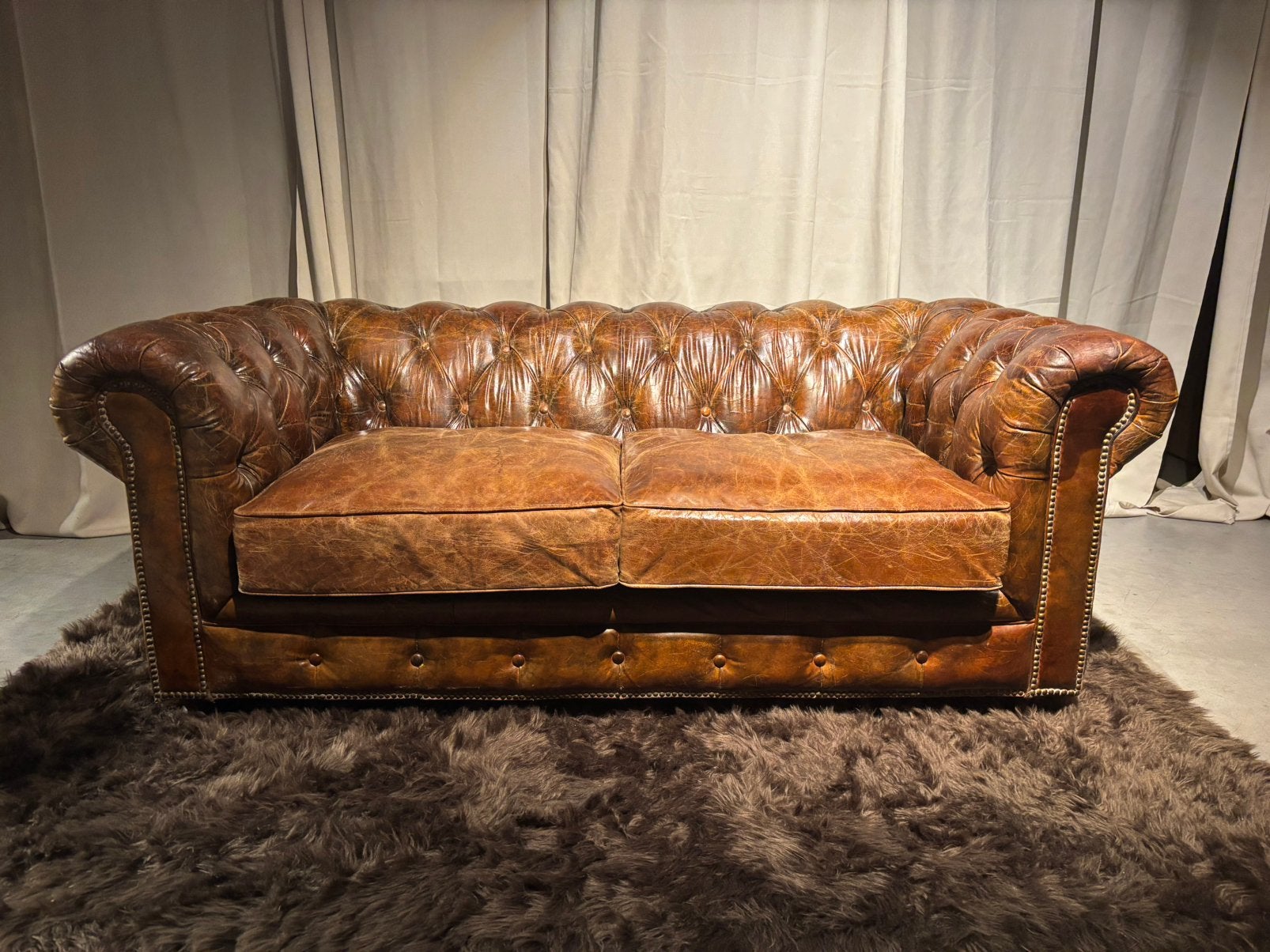 Chesterfield Bank Cignac bruin Leer Ralph Lauren izgs, 150 tot 200 cm, Tweepersoons, Stoer landelijk, Ralph lauren