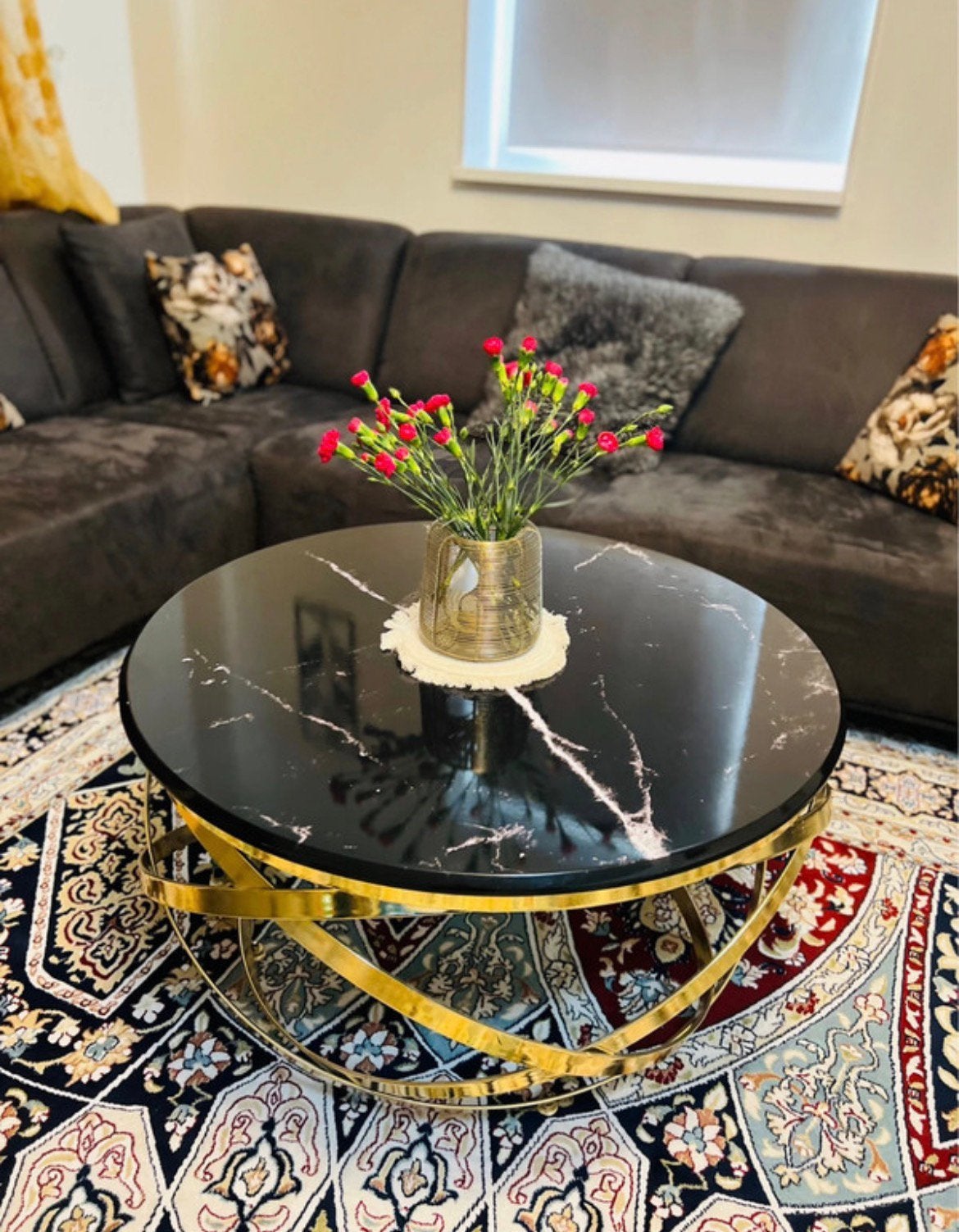 Golden Brass Coffee Table - With Marble Style Top, Ophalen of Verzenden, Rechthoekig, 50 tot 100 cm, Minder dan 50 cm