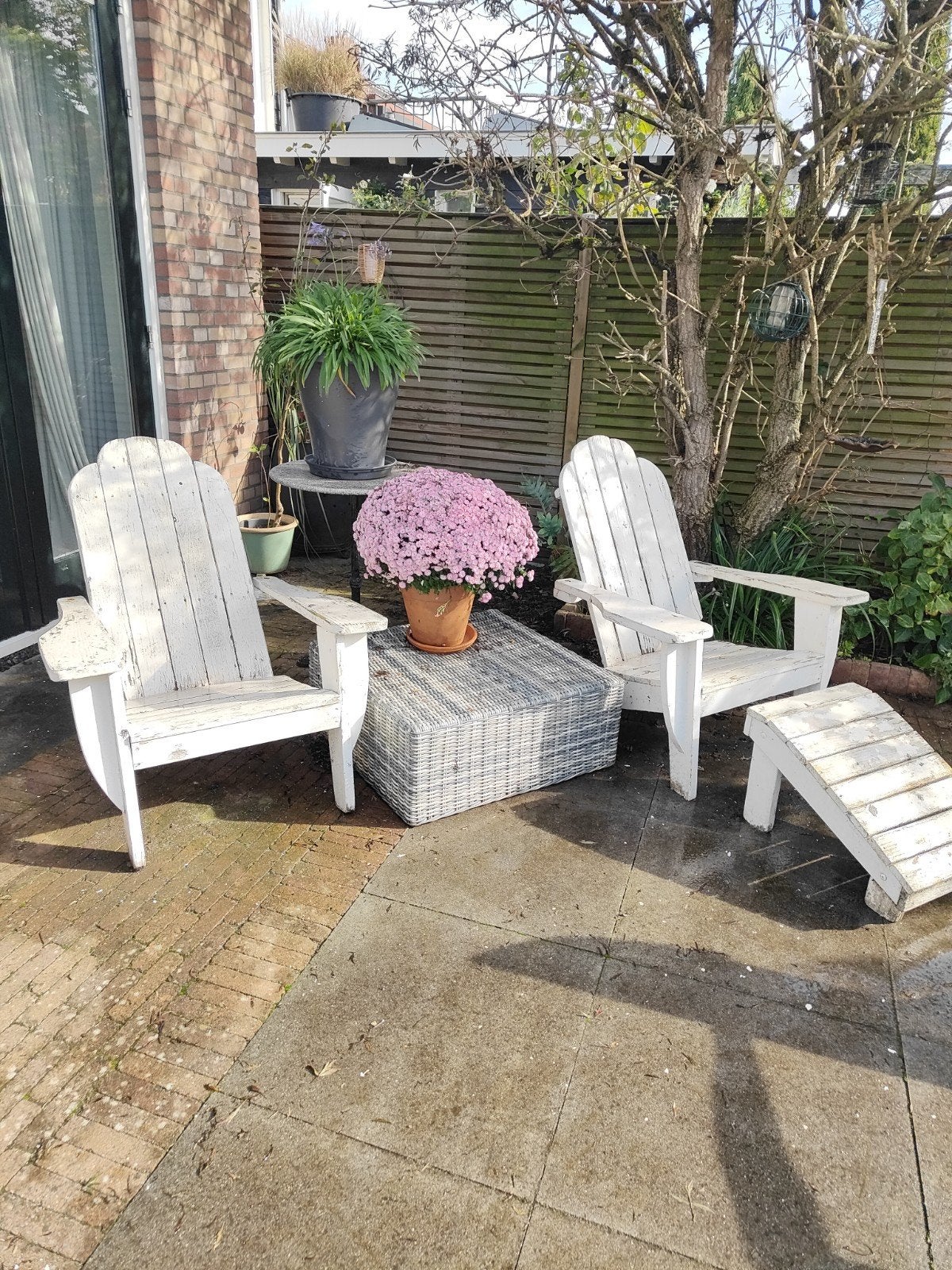 2 Adirondack stoelen met 1 voetenbank, Ophalen, Gebruikt, Hout