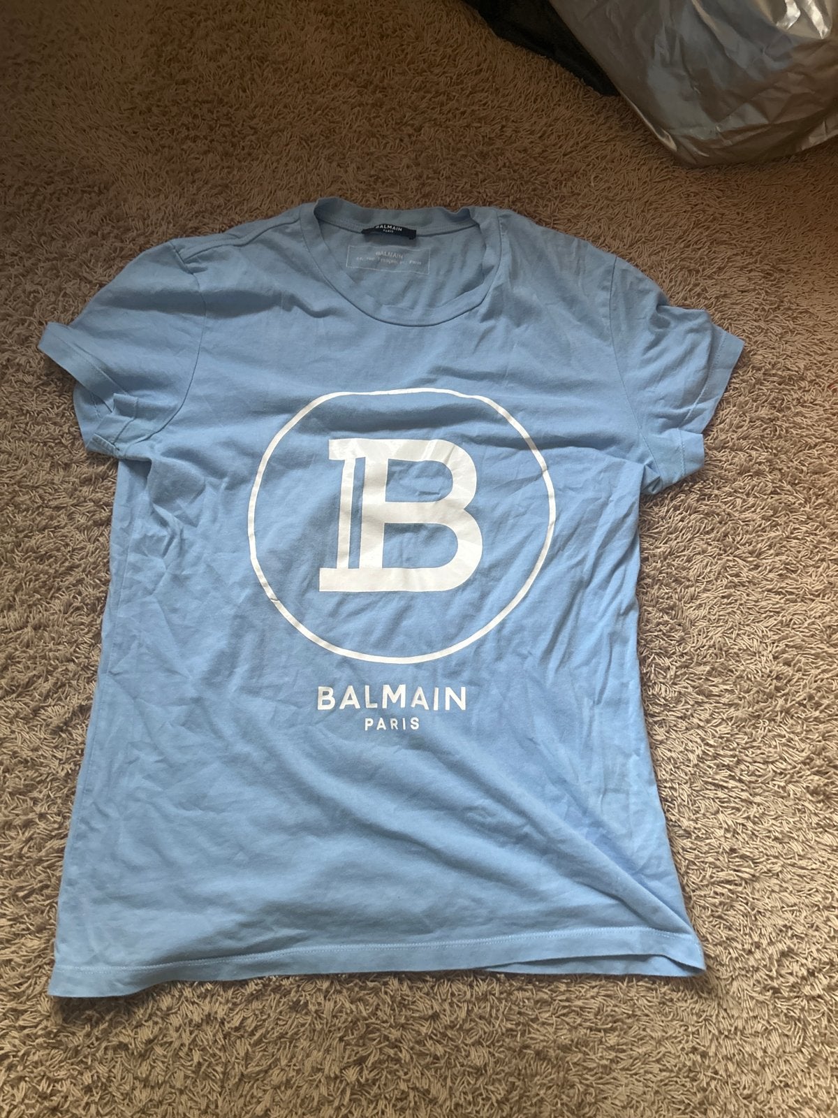 Balmain Paris T-shirt Lichtblauw Maat S, Ophalen of Verzenden, Gedragen, Maat 46 (S) of kleiner, Blauw