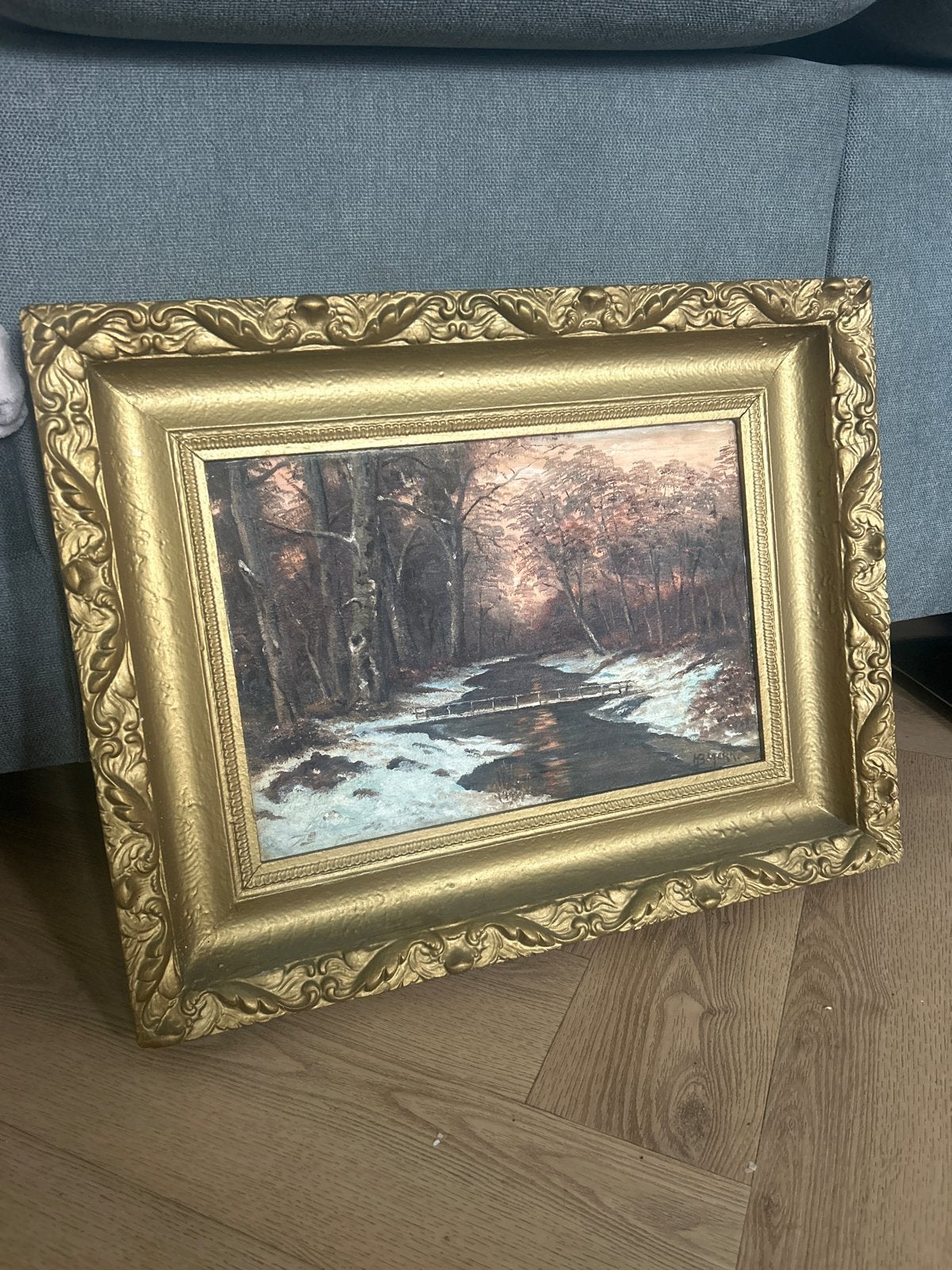 Schilderij Winterlandschap met Beek en Brug, Ophalen, Doek, Realistisch, Gesigneerd
